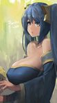  1girl bare_shoulders blue_eyes blue_hair breasts cleavage detached_sleeves dress female hair_ornament highres huge_breasts league_of_legends lips long_hair long_twintails looking_at_viewer profile sketch sky_of_morika solo sona_buvelle standing twintails upper_body very_long_hair 