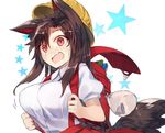  alternate_costume animal_ears backpack bad_id bad_twitter_id bag blush breasts brown_hair collared_shirt commentary_request hat imaizumi_kagerou kasuka_(kusuki) large_breasts long_hair looking_at_viewer nose_blush open_mouth puffy_short_sleeves puffy_sleeves randoseru red_eyes school_uniform shirt short_sleeves skirt solo star suspender_skirt suspenders tail touhou white_shirt wolf_ears wolf_tail 