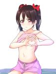  :/ areolae bangs black_hair bow drawstring flat_chest hair_bow heart heart-shaped_boob_challenge heart_hands kanabun looking_at_viewer love_live! love_live!_school_idol_project navel pink_shorts pink_tank_top red_bow red_eyes shirt_lift shorts sitting solo tank_top twintails white_background yazawa_nico 