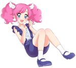  :d aikatsu! aikatsu!_(series) amahane_madoka blue_eyes blue_footwear blue_shorts blush eyebrows_visible_through_hair full_body hands_on_own_chest highres looking_at_viewer mary_janes medium_hair open_mouth pink_hair sekina shirt shoes shorts simple_background smile socks solo suspender_shorts suspenders twintails white_background white_legwear white_shirt wing_hair_ornament 