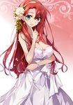  aqua_eyes boudica_(fate/grand_order) breasts cleavage commentary_request dress fate_(series) flower hair_flower hair_ornament hairband jewelry large_breasts long_hair necklace red_hair strapless strapless_dress tsuedzu wedding_dress 