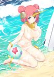  absurdres ball bandages bangs beach beachball bikini blue_eyes blush breasts cleavage closed_mouth commentary_request day double_bun dutch_angle eyebrows_visible_through_hair fate/apocrypha fate/grand_order fate_(series) frankenstein's_monster_(fate) frankenstein's_monster_(swimsuit_saber)_(fate) hand_on_own_chest highres horn large_breasts looking_at_viewer navel outdoors peng_yong purple_hair short_hair sitting smile solo surfboard swimsuit tareme thighs wariza white_bikini 