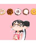  1girl aori_(splatoon) apron bad_id bad_tumblr_id black_hair blush doughnut earrings food hungry interlocked_fingers jewelry licking_lips looking_up m10shangrila mole mole_under_eye overalls pointy_ears solo sparkle splatoon_(series) symbol-shaped_pupils tentacle_hair tongue tongue_out yellow_eyes 