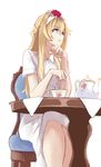  alternate_costume blonde_hair blouse blue_eyes braid chair commentary_request cowboy_shot cup den_(kur0_yuki) french_braid hairband highres kantai_collection long_hair simple_background solo table tea_set teacup teapot warspite_(kantai_collection) white_background white_blouse white_hairband 