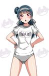  :o ass_visible_through_thighs bangs blue_hair blunt_bangs blush buruma clenched_hands commentary_request grey_buruma gym_uniform hachimaki hands_on_hips headband long_hair looking_at_viewer love_live! love_live!_sunshine!! name_tag purple_eyes short_sleeves side_bun simple_background solo tsushima_yoshiko white_background wristband yopparai_oni 