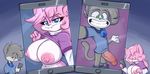  2017 :3 aeris_(vg_cats) anthro areola balls big_balls big_breasts big_nipples big_penis blue_eyes blush breasts cat cellphone clothed clothing duo erection feline female flashing fur green_eyes grey_fur hair hi_res joelasko leo_(vg_cats) looking_at_viewer male mammal nipples pants_down partially_clothed penis phone pink_fur pink_hair selfie simple_background smile surprise vein veiny_penis vg_cats webcomic 