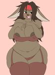  anthro areola_slip big_breasts blush bra breasts clothing cuddlesong female hair hare hi_res huge_breasts lagomorph legwear lingerie mammal open_mouth pudding_(plaga) simple_background smile solo stockings thick_thighs thigh_highs underwear voluptuous wide_hips 