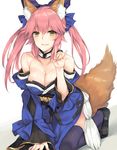  animal_ears bangs blue_kimono blue_legwear breasts brown_eyes cleavage clog_sandals collarbone commentary_request detached_sleeves eyebrows_visible_through_hair fate/extra fate_(series) fox_ears fox_shadow_puppet fox_tail hair_between_eyes hair_flaps hand_up highres japanese_clothes kimono kneeling large_breasts obi parted_lips pink_hair rinarisa sandals sash smile solo tail tamamo_(fate)_(all) tamamo_no_mae_(fate) teeth thighhighs tsurime twintails 
