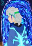  absurdres aqua_eyes bad_anatomy dragxus_(ferdirex2) highres hood hood_down hooded_jacket jacket male_focus multicolored_hair original portal_(object) purple_eyes scar scar_across_eye self_upload silver_hair slit_pupils smile solo two-tone_hair 