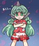  blue_background buttons cloud_print commentary crossed_arms curly_hair gradient gradient_background green_eyes green_hair horn kariyushi_shirt komano_aun long_hair looking_at_viewer open_mouth petals pote_(ptkan) red_shirt shaded_face shirt shorts solo touhou translated white_shorts 