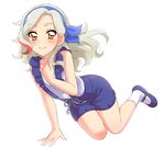  aikatsu! aikatsu!_(series) bangs bare_arms blue_footwear blush closed_mouth eyebrows_visible_through_hair full_body grey_hair hand_on_own_chest highres kurosawa_rin_(aikatsu!) legs_together long_hair looking_at_viewer mary_janes multicolored_hair parted_bangs sekina shirt shoes shorts simple_background smile socks solo streaked_hair suspender_shorts suspenders white_background white_legwear white_shirt yellow_eyes 