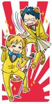  animal_ears bow bowtie closed_eyes fan formal head_bump male_focus manzai mascot mashuu_masaki microphone multiple_boys official_art paper_fan rising_sun short_hair shrug sparkle suit sunburst tail tiger_boy tiger_ears tiger_tail tora_no_mori_no_nakama-tachi torakichi_(toranoana) toranoana torata_(toranoana) 