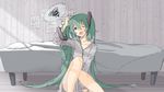  airy.i.ray bare_legs bed buttons collarbone dress eyebrows_visible_through_hair green_eyes green_hair hair_between_eyes half-closed_eye hand_in_hair hand_up hatsune_miku highres indoors knees_up long_hair long_sleeves looking_at_viewer messy_hair one_eye_closed open_mouth pajamas partially_unbuttoned sitting sleepwear solo twintails upper_body very_long_hair vocaloid wing_collar 