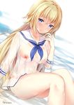  blonde_hair blue_eyes braid breasts commentary_request covered_nipples dutch_angle fate/apocrypha fate_(series) jeanne_d'arc_(fate) jeanne_d'arc_(fate)_(all) kaetzchen large_breasts long_hair nervous_smile revision school_uniform see-through serafuku single_braid solo wet wet_clothes 