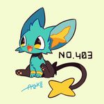  :3 animal_ears artist_name auko english fangs feet full_body furry green_background hands_together happy no_humans open_mouth paws pokemon pokemon_(creature) pokemon_dppt shinx signature simple_background sitting smile solo tail teeth text yellow_eyes 