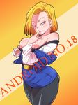  1girl android_18 areola_slip areolae bare_shoulders belt blonde_hair blue_skirt blush bob_cut breasts character_name cowboy_shot dragon_ball dragonball_z earrings highres hoop_earrings jacket large_breasts legs looking_at_viewer naughty_face nipple_slip nipples no_bra open_jacket pantyhose raglan_sleeves rickert_kai saliva short_hair simple_background skirt solo standing teasing thighs tongue tongue_out white_eyes 