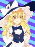  &gt;:) apron blonde_hair blush bow bowtie collared_shirt commentary_request hand_on_hip hat highres index_finger_raised kirisame_marisa long_hair looking_at_viewer shirt skirt skirt_set smile solo star striped striped_background touhou v-shaped_eyebrows vest waist_apron wavy_hair witch_hat yellow_eyes yururi_nano 