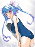  ass blue_hair breasts choudendoutai fang flat_ass hair_ribbon i-19_(kantai_collection) kantai_collection large_breasts long_hair looking_at_viewer name_tag one-piece_swimsuit red_eyes ribbon school_swimsuit solo swimsuit symbol-shaped_pupils torpedo tri_tails 