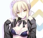  3: artoria_pendragon_(all) artoria_pendragon_(swimsuit_rider_alter) bangs bikini black_bikini blonde_hair breasts closed_mouth commentary_request expressionless eyebrows_visible_through_hair fate/grand_order fate_(series) frills hair_between_eyes hands_up hood hoodie looking_at_viewer maid_bikini maid_headdress medium_breasts open_clothes open_hoodie shadow solo swimsuit tsurime upper_body yellow_eyes youta 