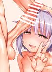  1girl :d bar_censor blush brown_eyes censored collarbone drooling erection eyebrows_visible_through_hair fang gradient gradient_background half-closed_eyes hand_on_another's_head heart heart-shaped_pupils highres idolmaster idolmaster_cinderella_girls koshimizu_sachiko looking_at_viewer nose_blush nude okina_ika open_mouth penis penis_on_face precum purple_hair short_hair simple_background smile sweat symbol-shaped_pupils tears v veins veiny_penis 