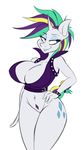  2017 anthro anthrofied bedroom_eyes big_breasts bottomless breasts cleavage clothed clothing cutie_mark equine eyelashes friendship_is_magic fur hair half-closed_eyes horn jewelry jrvanesbroek makeup mammal midriff mohawk mostly_nude multicolored_hair my_little_pony navel navel_piercing piercing pubes purple_hair pussy rarity_(mlp) seductive smile solo standing unicorn voluptuous white_fur wide_hips 