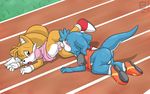  ball_suck balls bottomless canine clothed clothing digimon duo fox male male/male mammal miles_prower oral penis raukue sex sonic_(series) sucking veemon 