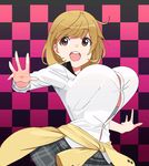  bad_id bad_pixiv_id bouncing_breasts breasts brown_eyes brown_hair checkered checkered_background clothes_around_waist huge_breasts jacket_around_waist looking_at_viewer narusawa_ryouka occultic;nine plaid plaid_skirt round_teeth samonegi short_hair skirt smile solo teeth 