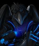 anthro avian bird black_background black_feathers brown_eyes clothed clothing corvid crow digital_media_(artwork) feathers jackrow simple_background solo 