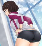  :p ass bike_shorts black_shorts brown_eyes brown_hair cameltoe closed_mouth cloud cloudy_sky cowboy_shot day dutch_angle eyebrows_visible_through_hair from_behind grey_jacket hands_on_hips highres indoors jacket leaning_forward long_sleeves no_pants nurugamer-kouyouju shinmon_megumi short_hair short_shorts shorts sky solo standing tomica_hyper_rescue_drive_head:_kidou_kyuukyuu_keisatsu tongue tongue_out track_jacket trefoil watch window wristwatch 