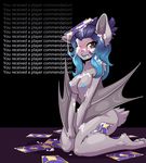  2017 anthro bat big_breasts blue_hair blue_nipples blush breasts brown_eyes card cum cum_covered cum_everywhere cum_on_breasts cum_on_face english_text female fur glowing_flesh grey_fur hair hi_res kneeling limebreaker looking_at_viewer mammal messy michi_tsuki nipples one_eye_closed open_mouth simple_background smile solo text wings 