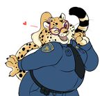  &lt;3 2016 anthro belly benjamin_clawhauser big_belly breasts brown_eyes cheetah claws clothing crossgender disney eyewear feline female fur glasses iekun inner_ear_fluff looking_at_viewer mammal necktie obese one_eye_closed overweight overweight_female police police_uniform ponytail simple_background smile solo spots spotted_fur uniform wink zootopia 