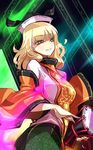  bangs black_hat blonde_hair blush breasts commentary_request detached_sleeves drum from_side green_skirt hat highres instrument large_breasts long_hair long_sleeves looking_at_viewer looking_to_the_side matara_okina orange_eyes parted_lips raptor7 skirt smile solo tabard touhou wide_sleeves 
