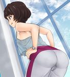  :p ass bare_arms bare_shoulders blue_shirt breasts brown_eyes brown_hair cameltoe camisole closed_mouth cloud cloudy_sky cowboy_shot day dutch_angle eyebrows_visible_through_hair from_behind grey_pants hands_on_hips highres indoors leaning_forward nurugamer-kouyouju pants pantylines shinmon_megumi shirt short_hair sky sleeveless small_breasts solo spaghetti_strap standing tomica_hyper_rescue_drive_head:_kidou_kyuukyuu_keisatsu tongue tongue_out track_pants trefoil watch window wristwatch 