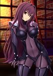  armor bodysuit breasts brick_wall cleavage commentary_request covered_navel cowboy_shot fate/grand_order fate_(series) grin hair_between_eyes large_breasts long_hair looking_at_viewer nonaka_ritsu pauldrons purple_bodysuit purple_hair red_eyes scathach_(fate)_(all) scathach_(fate/grand_order) shoulder_armor smile solo window 