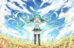  absurdly_long_hair artist_name black_legwear black_skirt blue_neckwear breasts cloud cloudy_sky day detached_sleeves field floating_hair flower flower_field green_eyes green_hair grey_shirt hair_between_eyes hair_ornament hatsune_miku long_hair looking_at_viewer medium_breasts miniskirt necktie outdoors pleated_skirt sevens_(treefeather) shiny shiny_clothes shirt skirt sky sleeveless sleeveless_shirt smile solo standing thighhighs twintails very_long_hair vocaloid zettai_ryouiki 