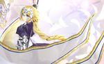  absurdres armor armored_dress banner black_dress blonde_hair blue_eyes braid dress eyebrows_visible_through_hair fate/apocrypha fate_(series) floating_hair gauntlets highres hikashou holding holding_weapon jeanne_d'arc_(fate) jeanne_d'arc_(fate)_(all) long_hair sheath sheathed single_braid smile solo standing sword very_long_hair weapon white_feathers 