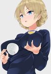  amasora_taichi bangs blonde_hair blue_eyes blush braid breast_hold breast_lift breasts commentary_request cup darjeeling eyebrows_visible_through_hair girls_und_panzer grabbing_own_breast grey_background hair_between_eyes half-closed_eyes highres holding holding_cup large_breasts parted_lips sidelocks simple_background solo st._gloriana's_school_uniform sweater teacup tsurime upper_body 