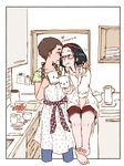  apron arm_around_shoulder barefoot between_legs black_border black_hair blush border brown_hair coffee_mug comic cropped_legs cup eye_contact glasses hand_between_legs heart kitchen looking_at_another m_k mug multiple_girls original outside_border short_hair shorts sketch smile wife_and_wife yuri 