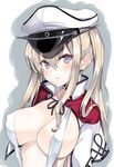  blonde_hair breasts capelet covered_nipples graf_zeppelin_(kantai_collection) hair_between_eyes hat inuzumi_masaki kantai_collection large_breasts long_hair long_sleeves military military_uniform peaked_cap purple_eyes sidelocks solo twintails uniform 