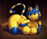  2017 animal_crossing ankha anthro big_breasts blue_hair breasts butt digital_drawing_(artwork) digital_media_(artwork) feline female fur hair hi_res huge_breasts looking_at_viewer lying mammal miso_souperstar nintendo nipples nude short_stack shortstack smile smirk solo text thick_thighs video_games voluptuous wide_hips 