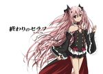  artist_name black_dress black_ribbon bow bowtie choker copyright_name detached_sleeves dress eyebrows_visible_through_hair flat_chest floating_hair hair_between_eyes hair_ornament ingi_(ydjn3245) krul_tepes long_hair looking_at_viewer owari_no_seraph pink_hair red_bow red_eyes red_neckwear ribbon short_dress simple_background sleeveless sleeveless_dress smile solo standing twintails very_long_hair white_background 