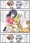  animal_ears backpack bag bow bowtie breasts colored_eyelashes comic cross-laced_clothes elbow_gloves eurasian_eagle_owl_(kemono_friends) food gloves head_wings high-waist_skirt japari_bun japari_symbol kaban_(kemono_friends) kemono_friends large_breasts long_hair multiple_girls no_hat no_headwear northern_white-faced_owl_(kemono_friends) older open_mouth red_shirt seki_(red_shine) serval_(kemono_friends) serval_ears serval_print serval_tail shirt short_hair skirt sleeveless sleeveless_shirt striped_tail tail translated 