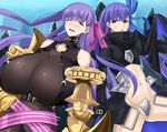  bangs bare_shoulders blurry blush bow breasts cleavage eyebrows fate/extra fate/extra_ccc fate/grand_order fate_(series) hair_bow hair_ribbon huge_breasts long_hair long_sleeves meltlilith passion_lip purple_eyes purple_hair revealing_clothes ribbon sidelocks takara_joney very_long_hair 