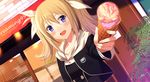  :d arimura_hinae blonde_hair blue_eyes chaos;child collarbone dutch_angle eyebrows_visible_through_hair fang food hair_between_eyes hair_ribbon holding holding_food ice_cream long_hair open_mouth outdoors outstretched_arm ribbon sahuyaiya smile solo twintails white_ribbon 