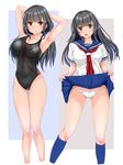  bangs black_hair black_swimsuit blue_legwear blue_sailor_collar blue_skirt blunt_bangs breasts brown_eyes competition_swimsuit dual_persona large_breasts lifted_by_self long_hair looking_at_viewer low_twintails mashinatsu multiple_girls neckerchief one-piece_swimsuit original panties pleated_skirt red_neckwear sailor_collar school_uniform serafuku skirt skirt_lift swimsuit twintails underwear white_panties 