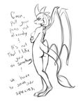  2016 anthro blush breasts butt dialogue dragon english_text female friendship_is_magic hi_res horn looking_at_viewer membranous_wings monochrome my_little_pony nude princess_ember_(mlp) scalie simple_background solo souladdicted standing text white_background wings 