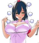  akure_ekuto black_hair breasts commentary_request covered_nipples film_strip hat large_breasts pom_pom_(clothes) shameimaru_aya shirt short_hair short_sleeves solo tokin_hat touhou 