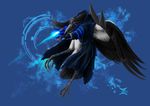 anthro avian barefoot beak bird black_beak black_featheres clothed clothing corvid crow feathered_wings feathers jackrow male solo wings 