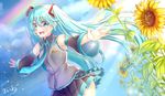  artist_name blue_eyes blue_hair cloud commentary_request day detached_sleeves flower hatsune_miku light_rays long_hair mashiro_aa necktie open_mouth outstretched_arms rainbow skirt sky solo spread_arms sunbeam sunflower sunlight twintails very_long_hair vocaloid 