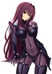  armor bodysuit breasts cleavage covered_navel cowboy_shot fate/grand_order fate_(series) grin large_breasts long_hair looking_at_viewer nonaka_ritsu pauldrons purple_bodysuit purple_hair red_eyes scathach_(fate)_(all) scathach_(fate/grand_order) shoulder_armor simple_background smile solo white_background 